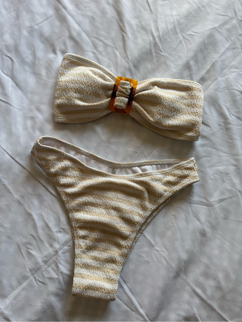 Zaful Cream Striped Bandeau Bikini with Tortoiseshell Buckle